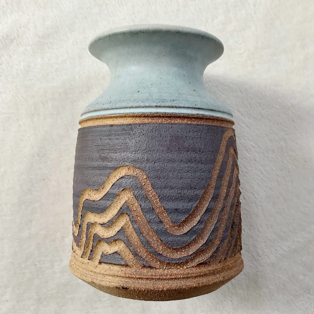 Signed Studio Pottery Vase 8” Blue Carved Stoneware Art Pottery - Picture 2 of 16